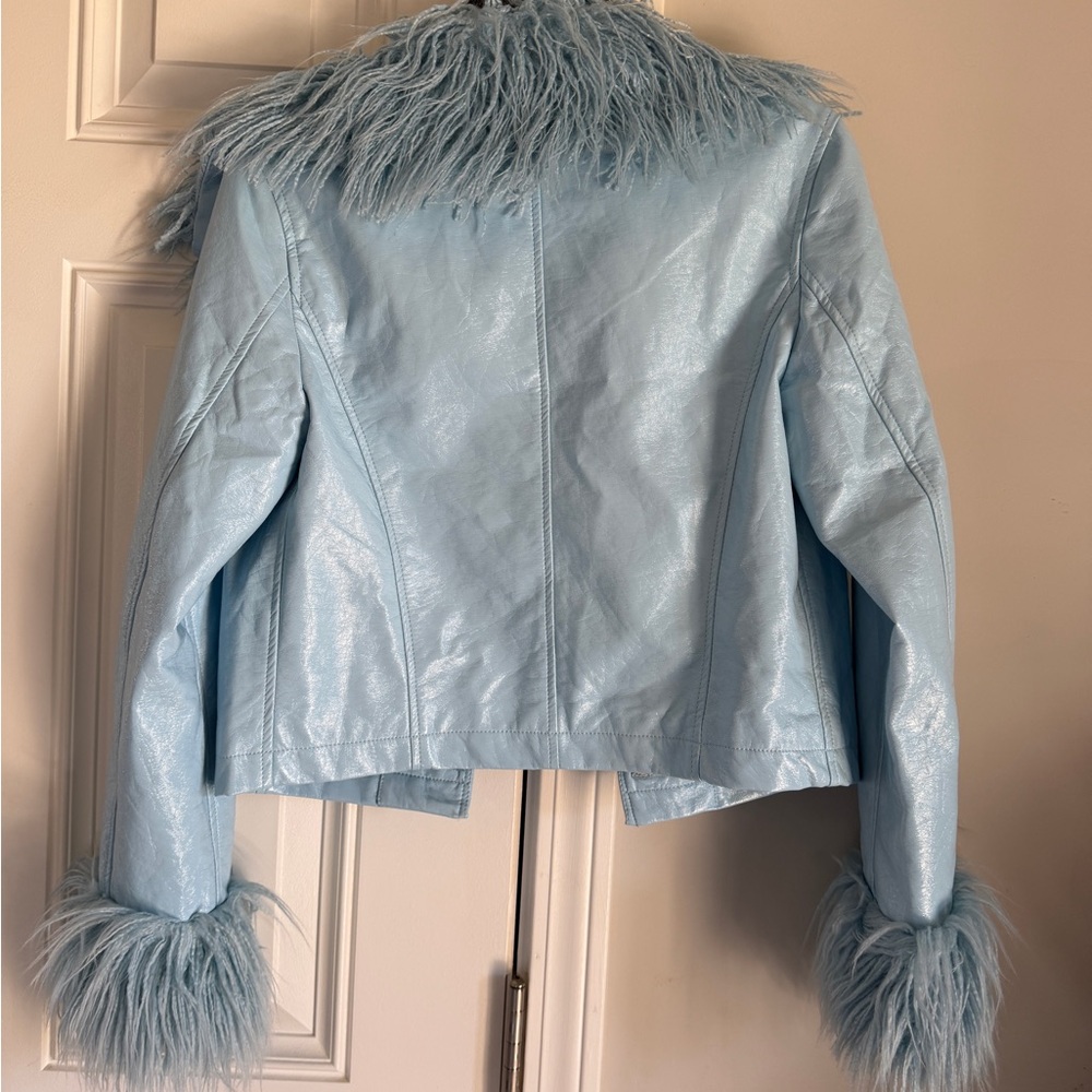 Urban Outfitters Pale Blue Faux Leather Jacket with Feather Trim - Picture 2 of 3
